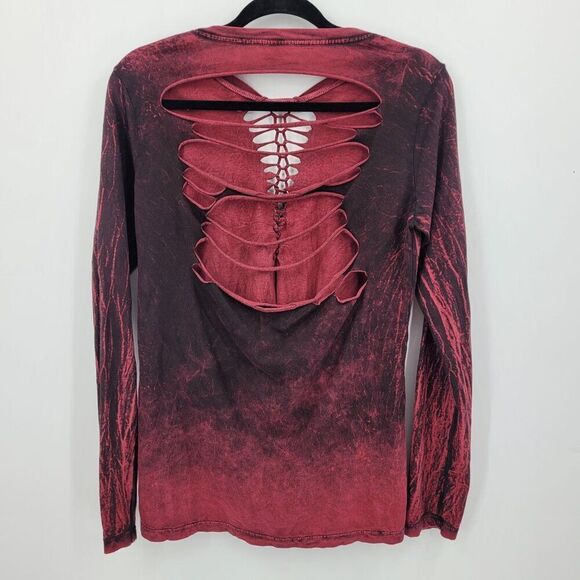 Vtg Affliction Distressed Oxblood Long Sleeve Shirt L Thrashed Ripped Destroyed - Picture 2 of 9